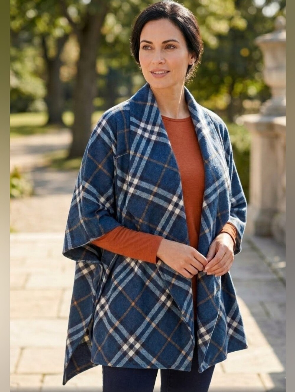 NWT Orange Farm Tartan Plaid Cape Shawl Poncho Blue Classy Cozy Open Waterfall